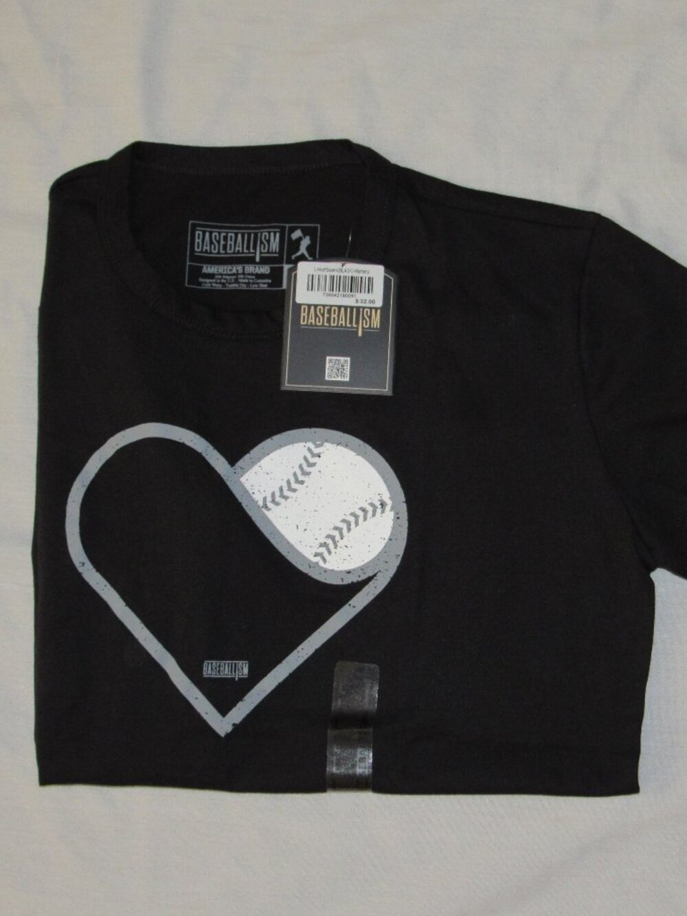NWT Baseballism Baseball Heart Seams Black Short Sleeve T Shirt Women's Small